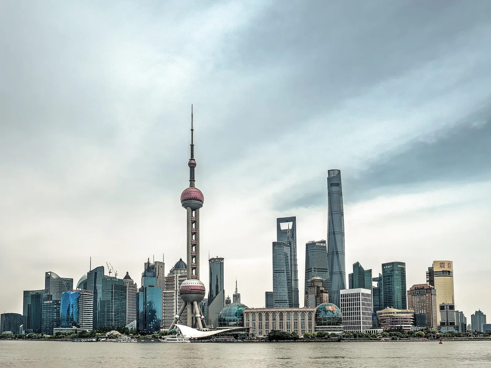 Shanghai Pudong skyline seen from the waterfront.